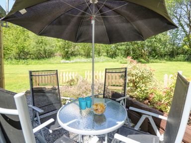 An outdoor seating area with a glass table four chairs and a large umbrella in a garden at Brook Lodge Penrhiwllan