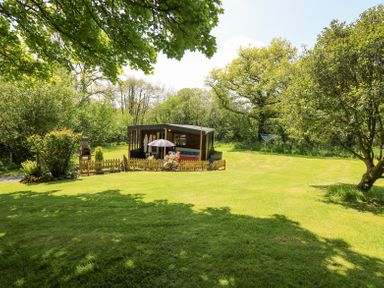 A garden with a lawn surrounded by trees and a small fenced patio with an umbrella and outdoor furniture at Brook Lodge in Penrhiwllan