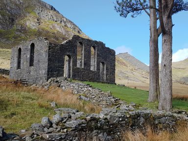 An old stone ruin with arched windows on a grassy hillside with stone walls and two trees at Moelwyn View Cottage in Llan Ffestiniog