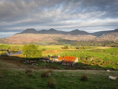 A rural landscape with stone buildings and sheep on grassy hills at Moelwyn View Cottage in Llan Ffestiniog