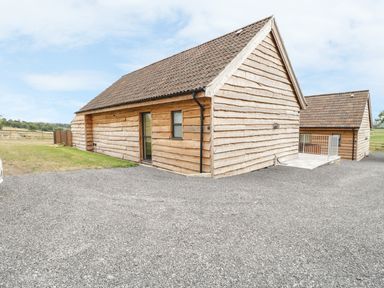An exterior view of a wooden building with a tiled roof and gravel driveway at Swan Lodge Castle Farm in Wedmore