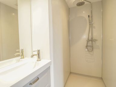 A bathroom with a white sink and chrome faucets next to a shower area with a chrome showerhead and hose at Swan Lodge Castle Farm in Wedmore