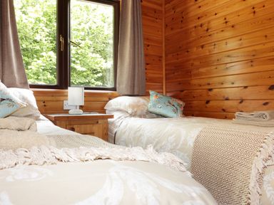 A bedroom with two single beds a window between curtains and a wooden bedside table with a lamp at Oak Lodge Constantine near Falmouth