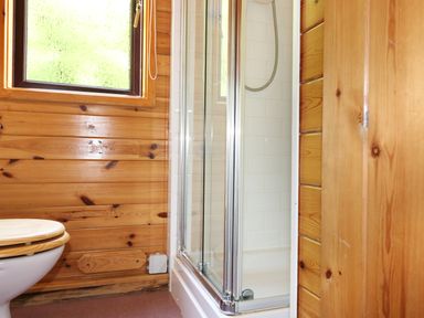 A bathroom with a toilet beside a window and a shower with glass doors at Oak Lodge Constantine near Falmouth