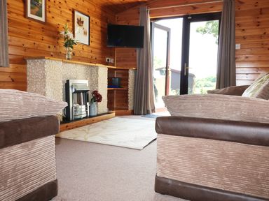 A living room with wood paneled walls a fireplace a mounted television and two sofas at Oak Lodge Constantine near Falmouth
