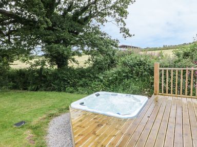 An outdoor hot tub on a wooden deck next to a grassy area with trees and bushes at Oak Lodge in Constantine near Falmouth