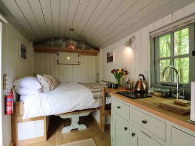 A compact living space with a bed, wooden countertop, sink, stovetop, kettle, and window at Rock View Shepherd's Hut in Gulworthy near Tavistock