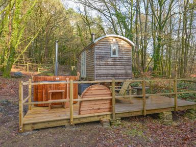 A wooden shepherds hut with a hot tub on a wooden deck surrounded by trees at Rock View Shepherd's Hut in Gulworthy near Tavistock