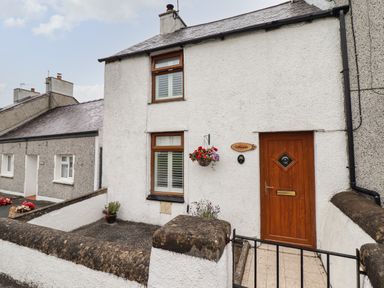 White exterior of a house with two windows a wooden door and flower pots at Gwenallt in Malltraeth