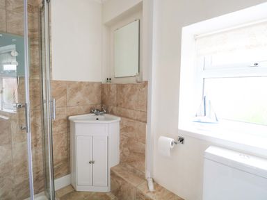 A bathroom with a shower, sink, and toilet at Springfield in Hempton near Fakenham