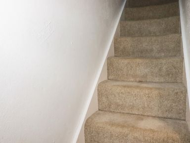 Carpeted stairs with a white textured wall on the left at Lanvean Farmhouse in Lanvean near St Mawgan