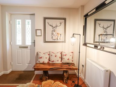 An entryway with a wooden bench and cushions under a deer painting and next to a standing lamp at Coed Derw Isaf in Betws-Y-Coed