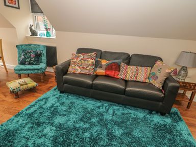 A living room with a black sofa and colorful cushions a blue armchair and footstool a blue rug and a side table with a lamp at River Cottage in Morpeth