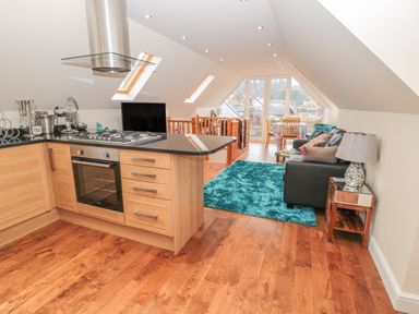 An open kitchen and living area with wooden floor and blue rug at River Cottage in Morpeth