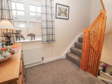 A carpeted stairway with wooden banister and a window with curtains and decorative items on the windowsill at River Cottage in Morpeth