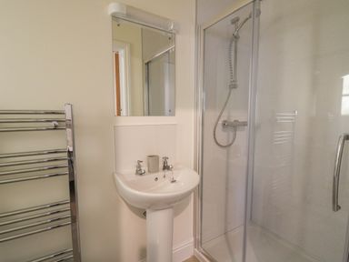 A bathroom with a pedestal sink mirror towel rail and a glass shower enclosure at The Old Carriage Court in Kidwelly