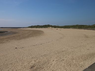 A sandy beach with dunes and a clear sky at The Old Carriage Court in Kidwelly