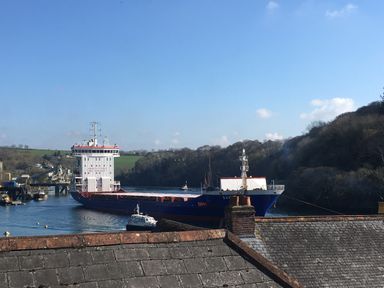 A large cargo ship in a river with hills and houses in the background at The Shell Seekers in Fowey
