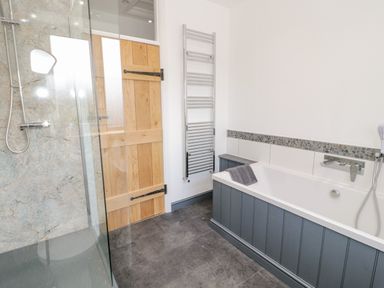 A bathroom with a bathtub shower wooden door and a towel radiator at Cefn Nannau in Ty-nant near Cerrigydrudion