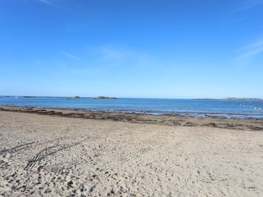 A sandy beach with seaweed lines and calm sea with small islands under a clear blue sky at Tides Reach in Rhosneigr