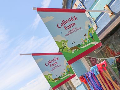 Flags advertising Callestick Farm Champion Cornish Ice Cream outside a blue painted shop with colorful sand shovels at Gull Rock in Trebarwith Strand