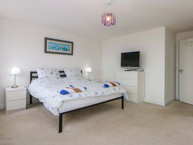 A bedroom with a bed and television at Welymora in Pwllheli