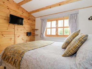 A bedroom with a bed covered in a blanket and pillows by a window with curtains and a mounted television on a wooden wall at Someplace Else in Diss
