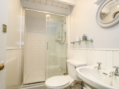A bathroom with a shower enclosure toilet and sink at Mole Cottage in Mousehole
