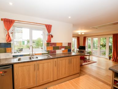 A kitchen with wooden cabinets and a sink overlooking a garden next to a living area with a TV and glass doors at Vine Lodge in Kingsbury Episcopi near Martock