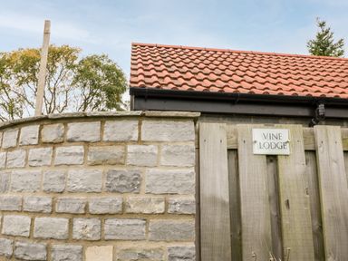 A stone wall and wooden fence with a sign reading Vine Lodge and a tiled roof in the background at Vine Lodge in Kingsbury Episcopi near Martock