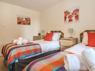 A bedroom with two single beds each with a colorful checkered blanket and orange cushion at Valley Lodge 48 in Callington
