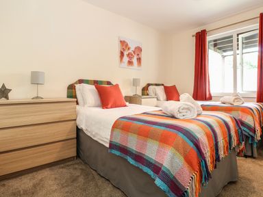 A bedroom with two single beds with colorful checkered bed throws and red pillows at Valley Lodge 48 in Callington
