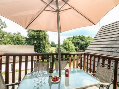 An outdoor balcony with a glass table under a large umbrella with chairs a bottle of wine a plate of strawberries and glasses surrounded by trees and rooftops at Valley Lodge 48 in Callington
