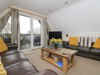 A living room with leather sofas a glass top coffee table and a television near sliding glass doors at Valley Lodge 48 in Callington