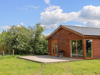 A wooden lodge with large windows and a patio with a grill in a grassy area at Oak Lodge in Sheriff Hutton