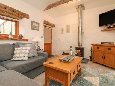 A living room with a grey sofa a wooden coffee table wood stove and a wall mounted television at Edwin's View in Nancegollan nr Porthleven