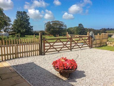 A gravel driveway with a flower pot and wooden gates opening to a grassy field with trees and cows at Edwins View in Nancegollan nr Porthleven