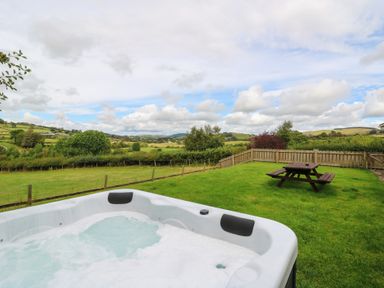 An outdoor area with a hot tub and picnic table at Glanyrafon Bungalow St Harmon