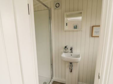 A bathroom with a shower enclosure and a small sink with a soap dispenser and mirror at Bellwether in Helmsley