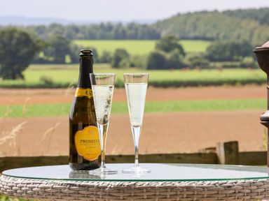 A bottle of prosecco and two glasses with prosecco on a glass table outdoors with fields and trees in the background at Bellwether in Helmsley