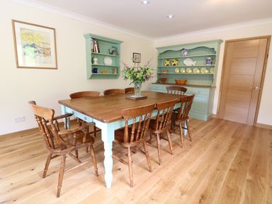 A dining room with wooden table and chairs green shelves with plates and wooden floor at Wood View Cottage in Blackawton