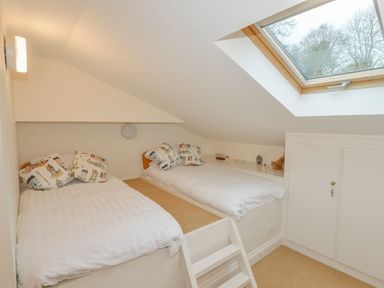 A bedroom with two single beds under a slanted ceiling and a skylight window at Wood View Cottage in Blackawton