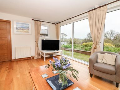 A living room with a wooden floor a gray armchair a coffee table with flowers a television on a white stand and large windows with beige curtains at Wood View Cottage in Blackawton
