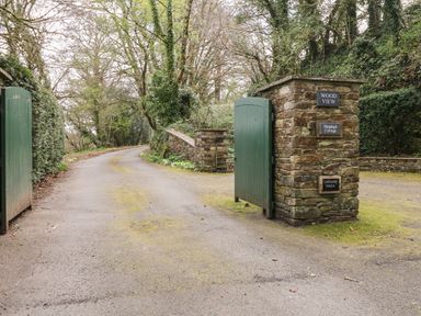 An open green gate on a stone pillar beside a curved driveway surrounded by trees at Wood View Cottage in Blackawton