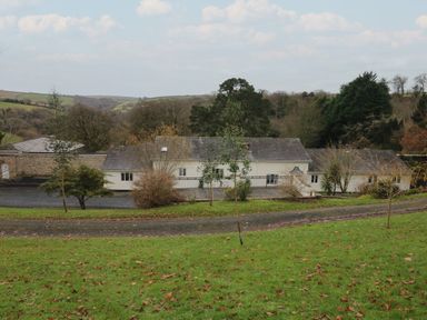 A white house with a sloped roof surrounded by trees and grass at Wood View Cottage in Blackawton