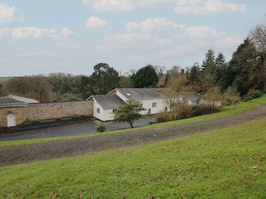 A white building with a slate roof surrounded by trees and grass with a gravel pathway at Wood View Cottage in Blackawton