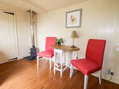 A small room with two red chairs a wooden table with a lamp and plant a black wood stove on a wooden floor at Orchard Burlawn near Wadebridge