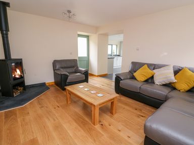 A living room with a wood-burning stove gray leather sofas wooden coffee table and yellow cushions at Bwthyn Eisteddfa Fach in Brynberian near Newport