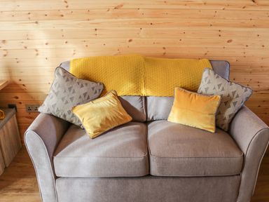 A gray sofa with four cushions and a yellow throw against a wooden wall at Dingle Den in Craswall