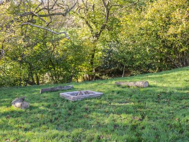 An outdoor grassy area with a fire pit made of wood and logs arranged around it in a wooded setting at Dingle Den in Craswall